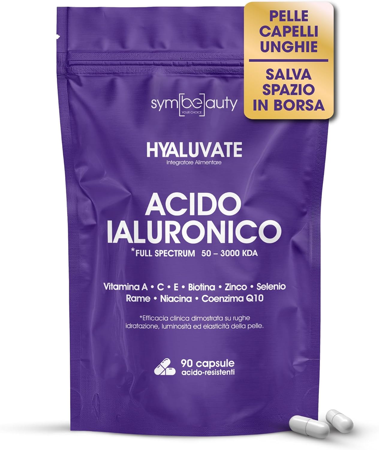 HYALUVATE Integratore Capelli Donna con ACIDO IALURONICO PURO + BIOTINA [3 MESI] - Vitamine per Capelli, Pelle e Unghie | Zinco e Vitamina C, Vegan, 90 Capsule Acidoresistenti - STUDI CLINICI