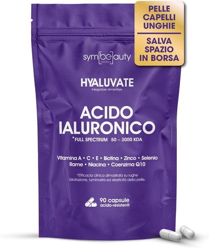 HYALUVATE Integratore Capelli Donna con ACIDO IALURONICO PURO + BIOTINA [3 MESI] - Vitamine per Capelli, Pelle e Unghie | Zinco e Vitamina C, Vegan, 90 Capsule Acidoresistenti - STUDI CLINICI