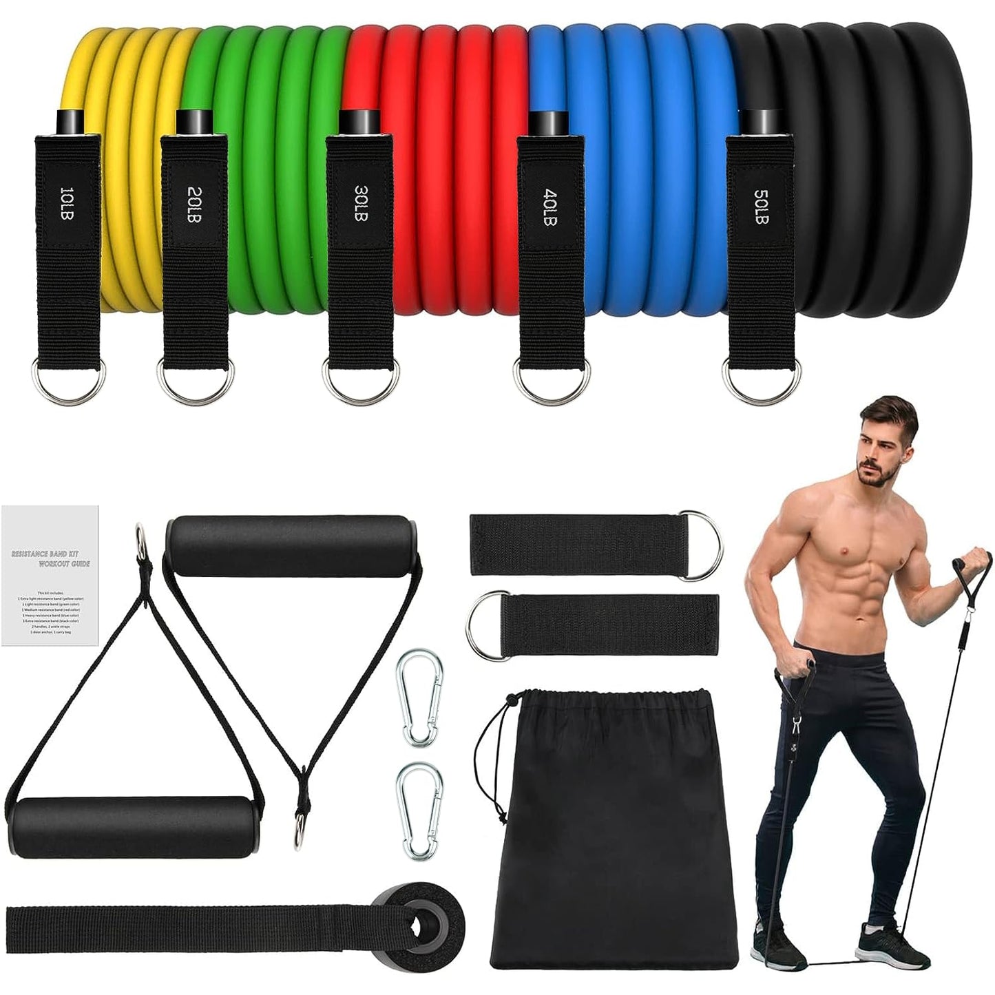 JATEKA Elastici Fitness 5 Elastico Palestra Bande Elastiche Fitness Set Fasce di Resistenza Estensori per Pettorali Uomo 150LB per Yoga, Pilates