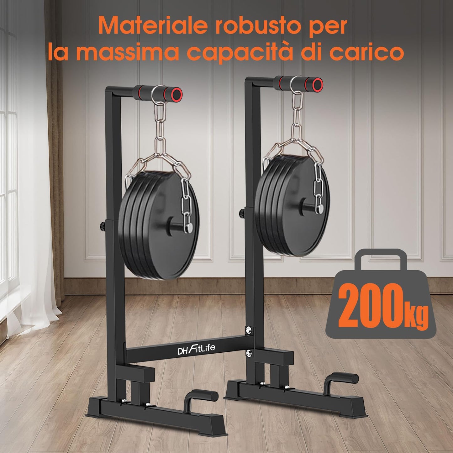 DH FitLife - Dip Parallele Calisthenics Robuste, Stabili e Versatili per Allenamento a Casa | Dip Station Regolabile in 2 Versioni: 3 o 9 Altezze, Ideale per Parallele Dip, Push Up e Sviluppo Forza