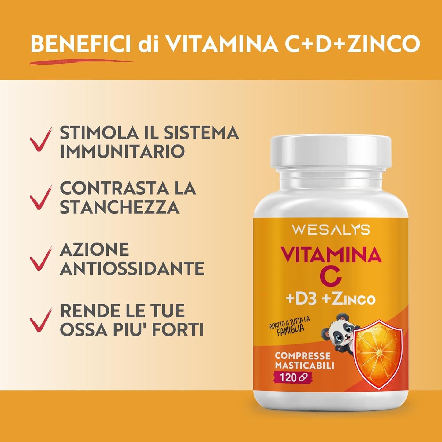 Vitamina C D Zinco, Masticabile gusto Arancia, per Bambini ed Adulti, Vitamina C 1000mg, Vitamina D3 2000 UI e Zinco 5mg in 2 cpr, WE Salus