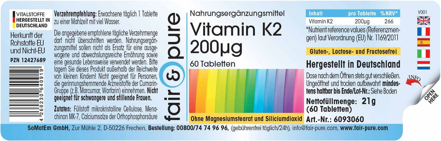 Fair & Pure® - Vitamina K2 200µg - Menaquinone MK7 - Vegan - 60 Compresse