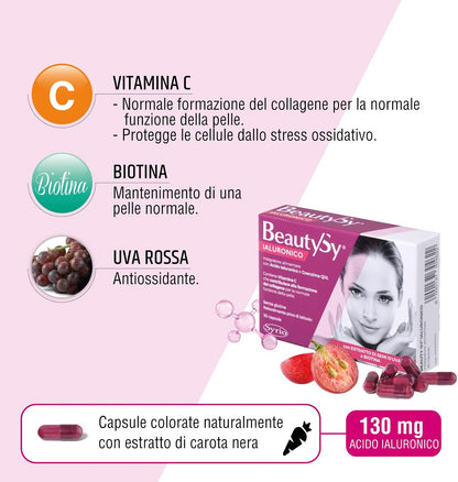 Syrio Integratori Alimentari, Beauty Sy Ialuronico Integratore con Biotina per il Benessere della Pelle e con Coenzima Q10, 120 mg di Acido Ialuronico a Basso Peso Molecolare per capsula, 30 capsule