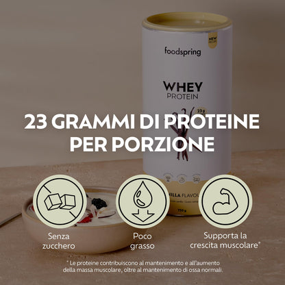 foodspring - Proteine Whey in polvere Cioccolato - Con 21 g di proteine per l'aumento muscolare, perfetta solubilità, ultra-filtrate & ricche di BCAA ed EAA - gusto pieno e delizioso (750 g)