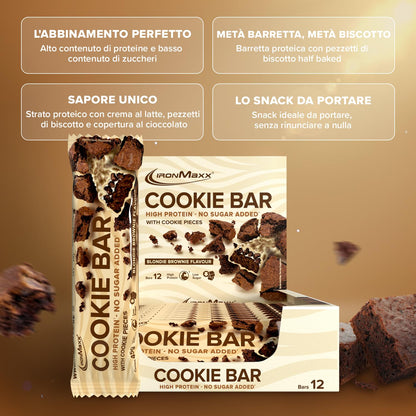 IronMaxx Cookie Protein Bar brownie cioccolato bianco, Barretta Proteica con pezzi di biscotti, 12 x 45 g (confezione da 12)