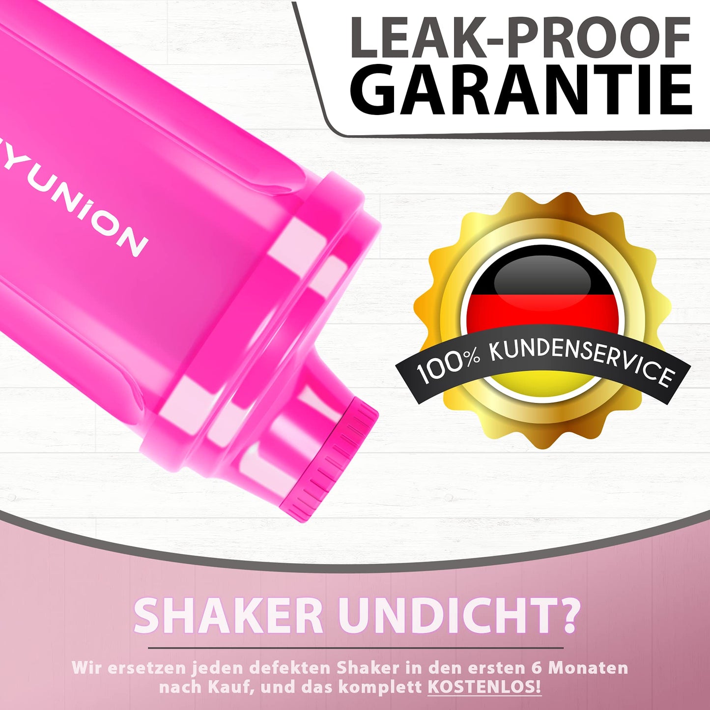 AMITYUNION Shaker per proteine 500 ml Heaven a prova di perdite, senza BPA con setaccio cliccabile e scala per frullati cremosi di siero di latte, shaker per proteine, originale in Rosa