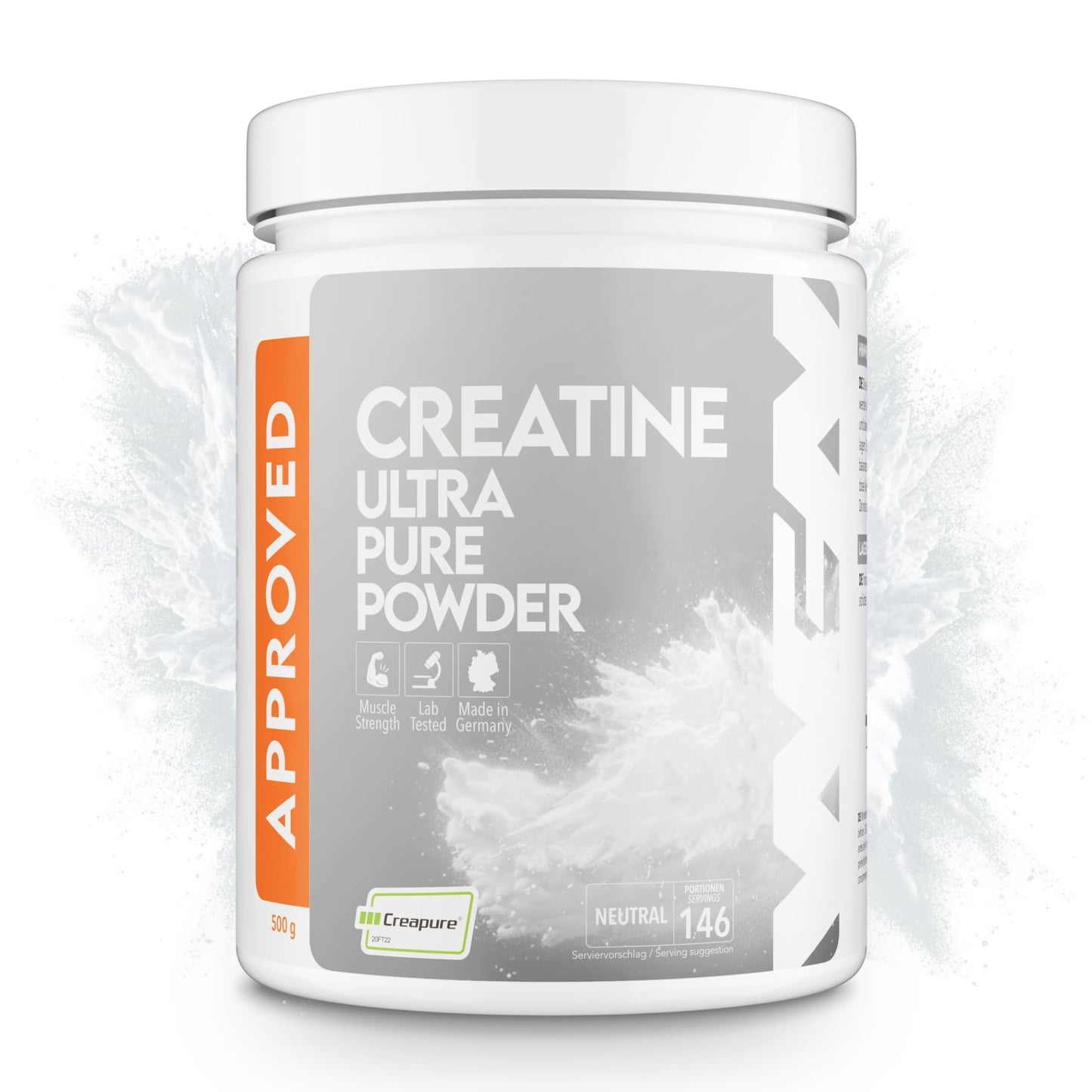 WFN Approved Creatine - Creapure - Neutro - 500 g - Creatina monoidrato - Polvere - Vegano - 146 porzioni - Prodotto in Germania - Testato in laboratorio esterno