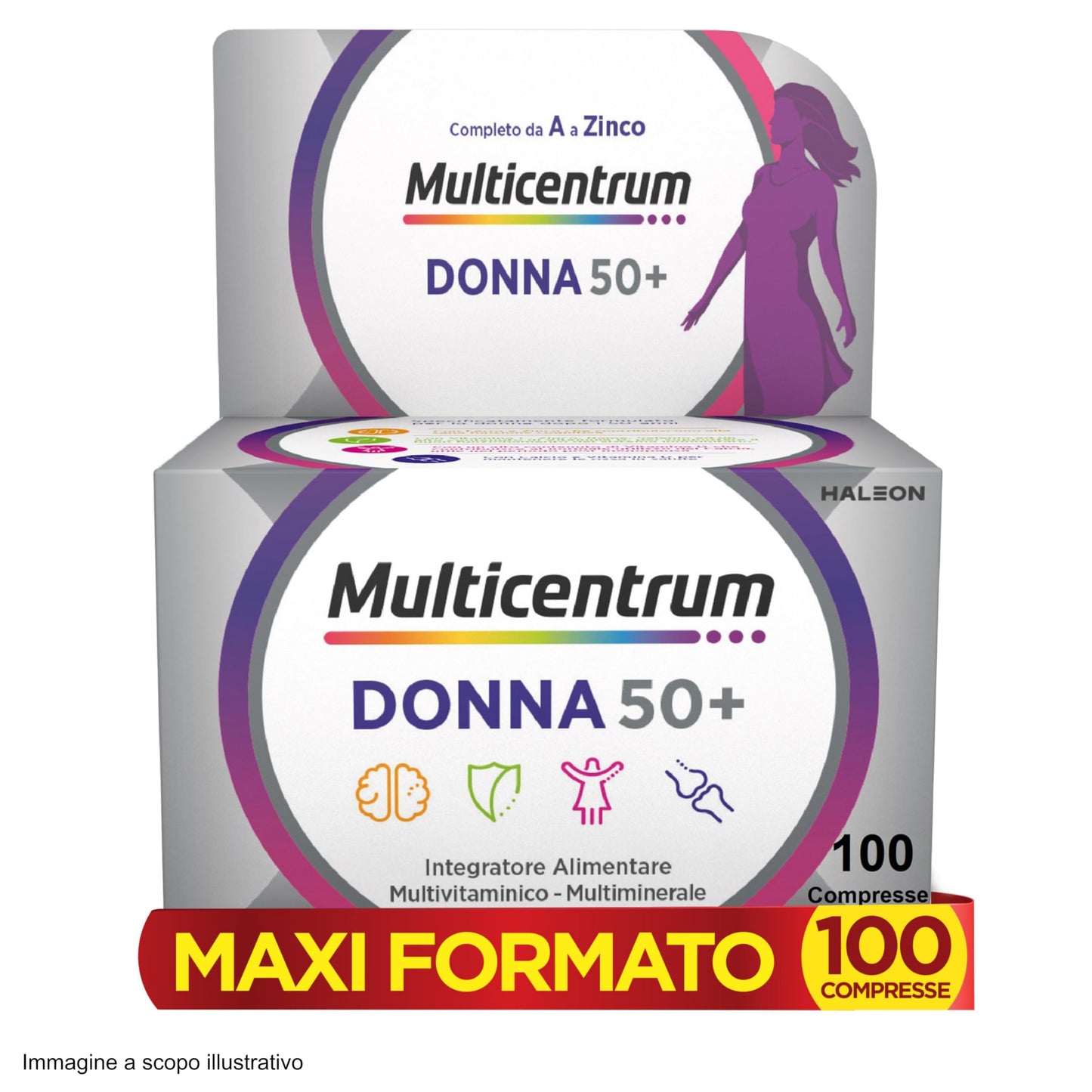 Multicentrum Donna 50+ Integratore Multivitaminico completo, con Magnesio, Vitamina A, D, B12, Calcio, per combattere stanchezza e affaticamento per Donne oltre 50 anni, 100 Compresse