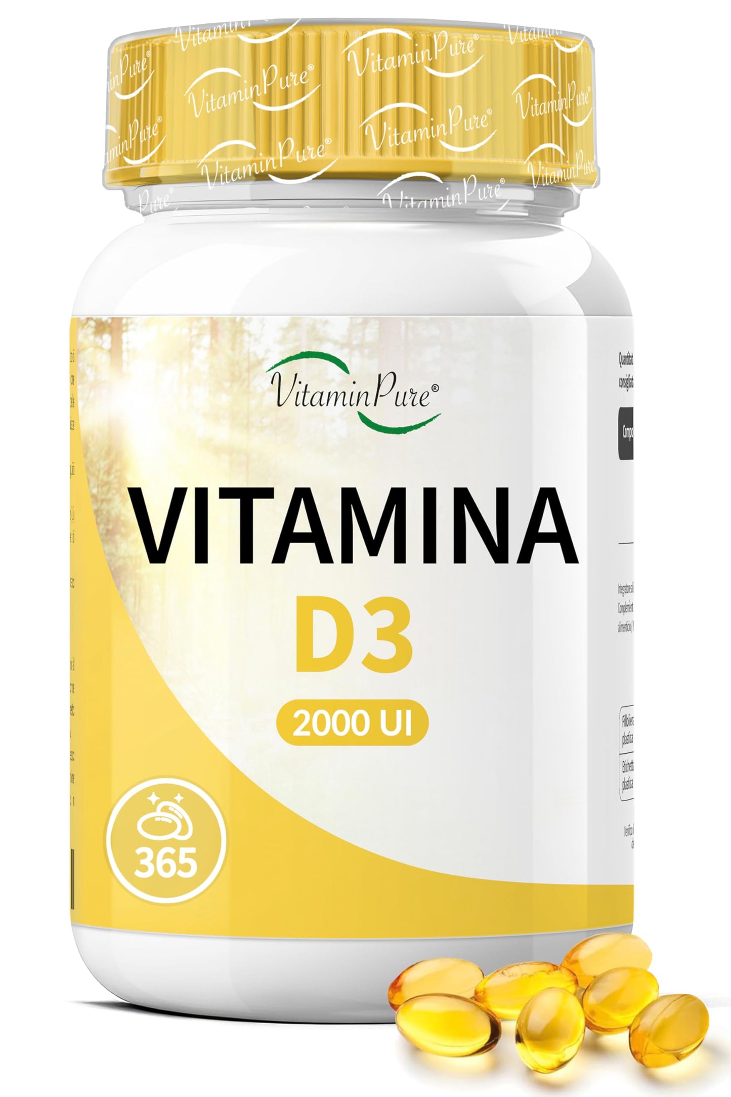 VitaminPure - Vitamina D3 2000 UI Alto Dosaggio, 365 SoftGel Facili da Deglutire, Integratore Vitamina D (Vit D)