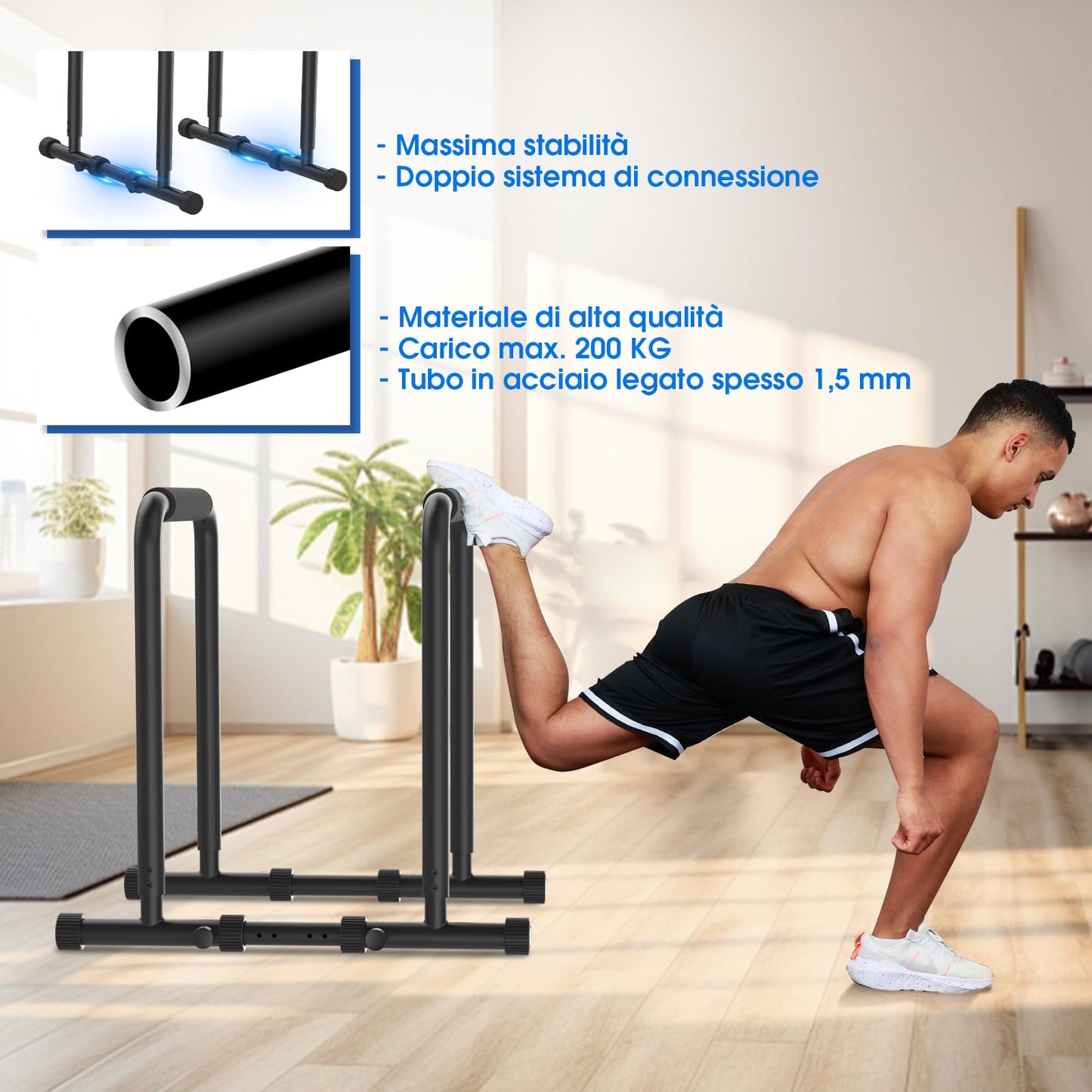 DH FitLife - Dip Parallele Calisthenics Robuste, Stabili e Versatili per Allenamento a Casa | Dip Station Regolabile in 2 Versioni: 3 o 9 Altezze, Ideale per Parallele Dip, Push Up e Sviluppo Forza