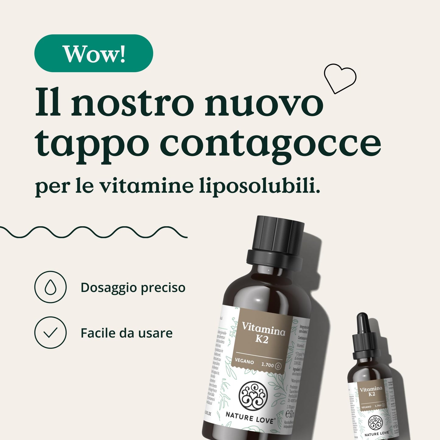 NATURE LOVE® Vitamina K2 MK7-200µg - 1700 gocce (50ml) - Max contenuto all-trans 99,7+% - Alta qualità: K2VITAL® di Kappa - sciolta in olio MCT da cocco - Alto dosaggio, vegana e prodotta in Germania