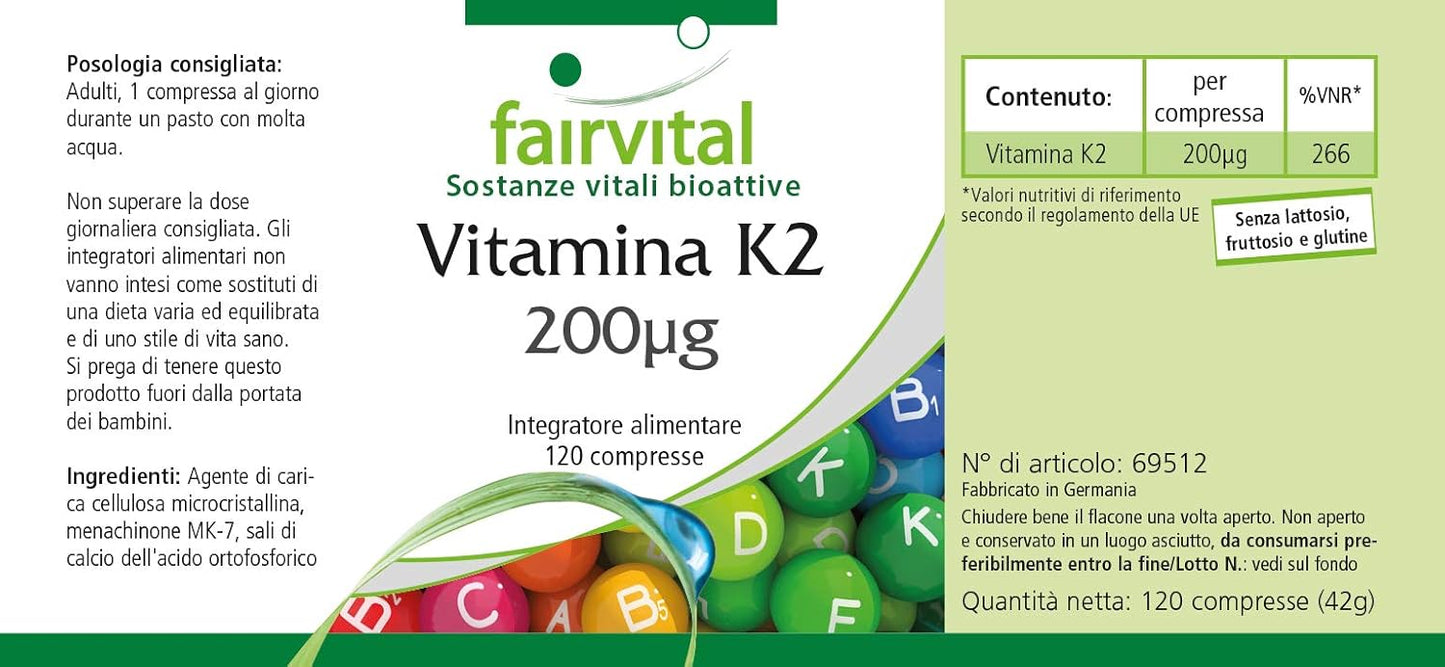 Fairvital | Vitamina K2 200mcg - 4 mesi - VEGAN - alto dosaggio - 120 compresse - menachinone da natto - MK-7