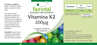 Fairvital | Vitamina K2 200mcg - 4 mesi - VEGAN - alto dosaggio - 120 compresse - menachinone da natto - MK-7