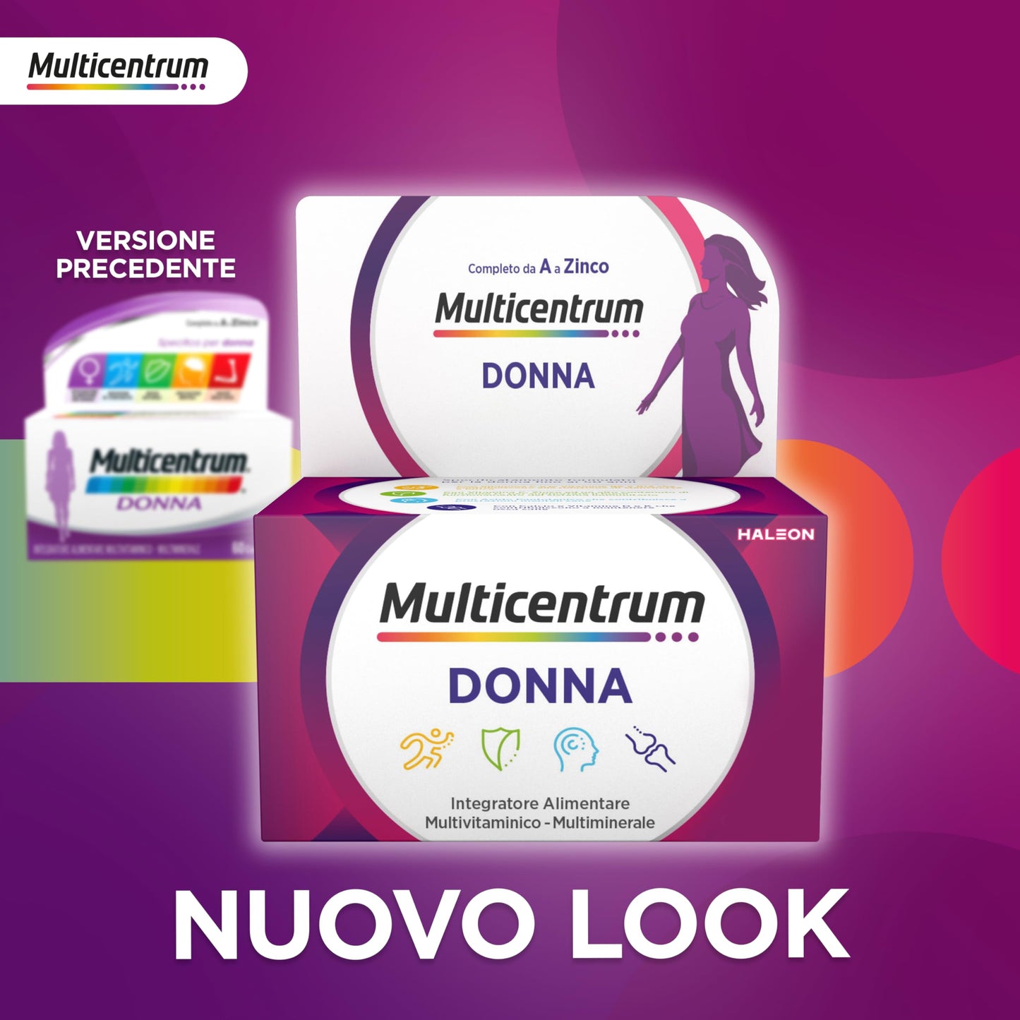 Multicentrum Donna Integratore Multivitaminico completo per donna, con Vitamina D, K, Acido Folico, Calcio, Ferro, per combattere stanchezza e affaticamento, 60 Compresse