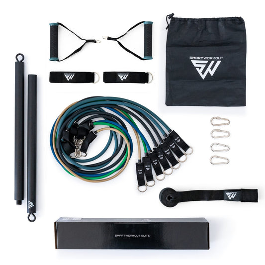 SmartWorkout® - Kit Elastici Fitness Professionale - Pacchetto Allenamento Completo 19 pezzi, 7 bande di resistenza totalizzanti 120 kg, barra per elastici, maniglie, Ancoraggio della porta & Programma Incluso