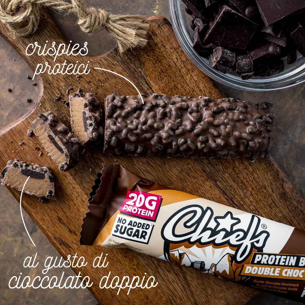 Chiefs® Protein Bar con 20g di proteine e 211kcal • Barretta proteica a basso contenuto di zucchero con molte proteine • 12 x 55g (Crispy Cookie)