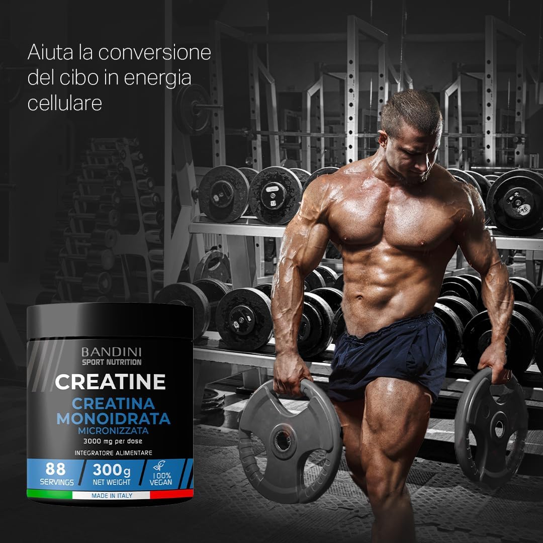 Bandini® Creatina Monoidrata in Polvere Pura al 100% - Integratore per Allenamento, Sport, Palestra e Pre Workout - Include Dosatore - 100% Vegan - A base di Creatine Monoidrato