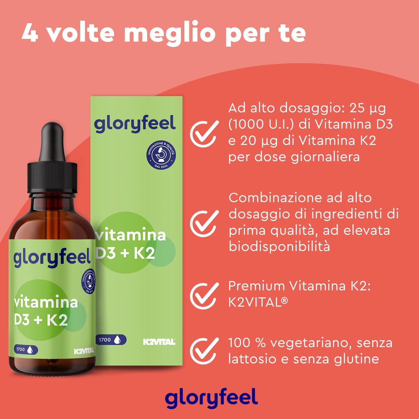 Vitamina D3 K2 50ml in Gocce, Colecalciferolo 1000 UI per Goccia + Vitamina, Menachinone Premium 99,7+% All Trans MK7 (K2VITAL® di Kappa), Integratore Naturale con Pipetta Dosagocce