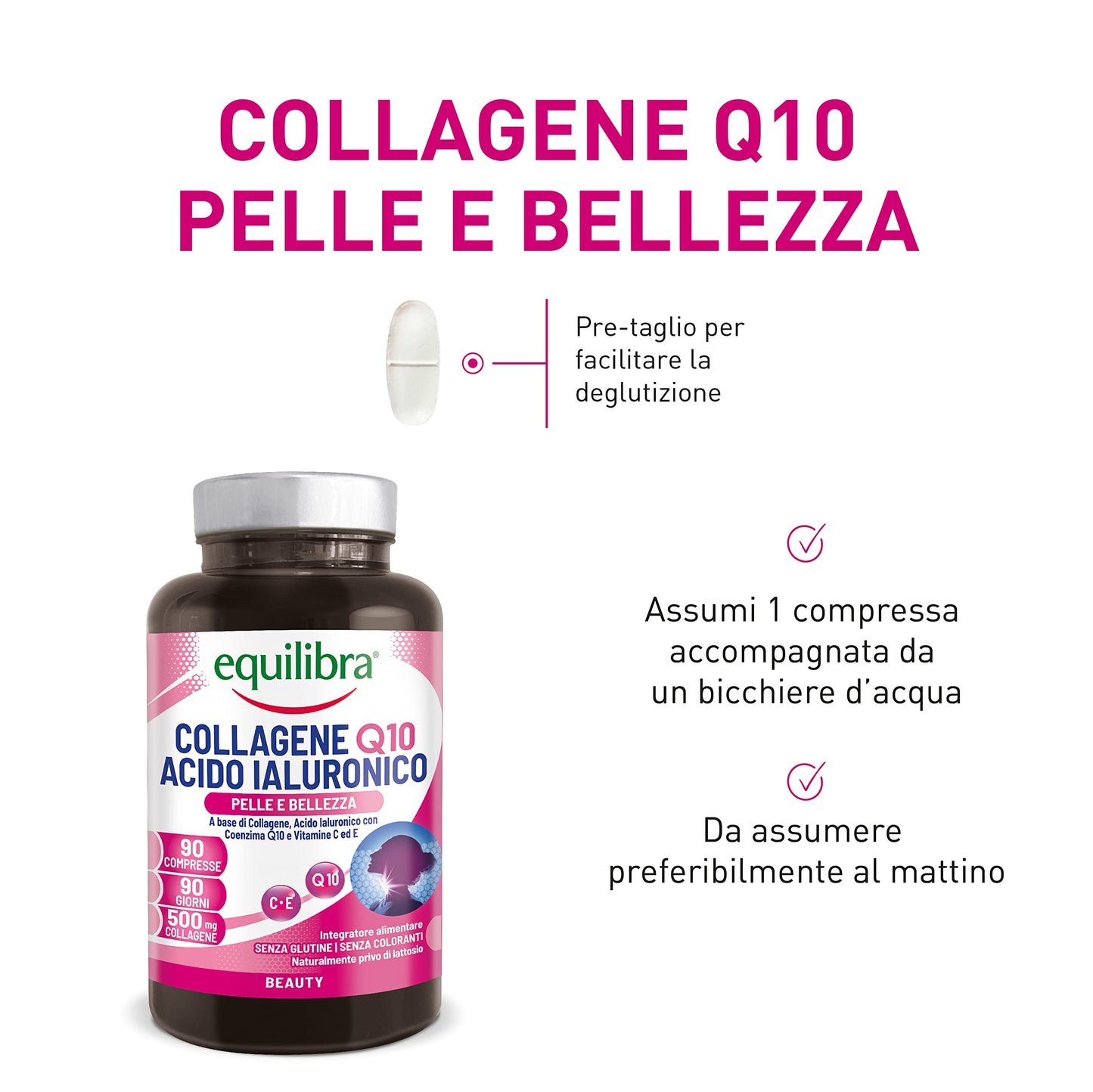 equilibra Integratori Alimentari, Collagene Q10 Acido Ialuronico, Benessere e Bellezza della Pelle, a Base di Collagene Idrolizzato, Acido Ialuronico, Coenzima Q10, Vitamine C ed E, 90 Compresse