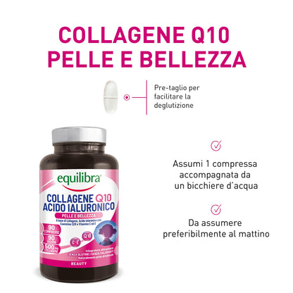 equilibra Integratori Alimentari, Collagene Q10 Acido Ialuronico, Benessere e Bellezza della Pelle, a Base di Collagene Idrolizzato, Acido Ialuronico, Coenzima Q10, Vitamine C ed E, 90 Compresse