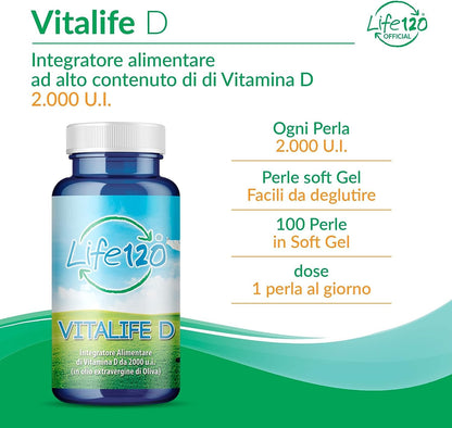 Life 120 - Vitalife D - Integratore alimentare di Vitamina D 2000 UI per softgel, 100 Softgel ad Alto Dosaggio, fondamentale per Ossa, Denti, Muscoli e Sistema Immunitario, 3 Confezioni da 100 Softgel