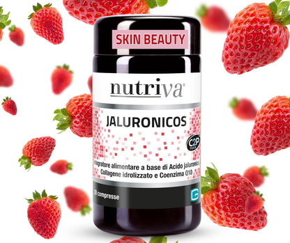 NUTRIVA Jaluronicos, Integratore Alimentare a Base di Acido Jaluronico, Collagene di Tipo II e Coenzima Q10, Ideale per il Benessere della Pelle, Contrasta l'Invecchiamento Cutaneo - 30 Compresse