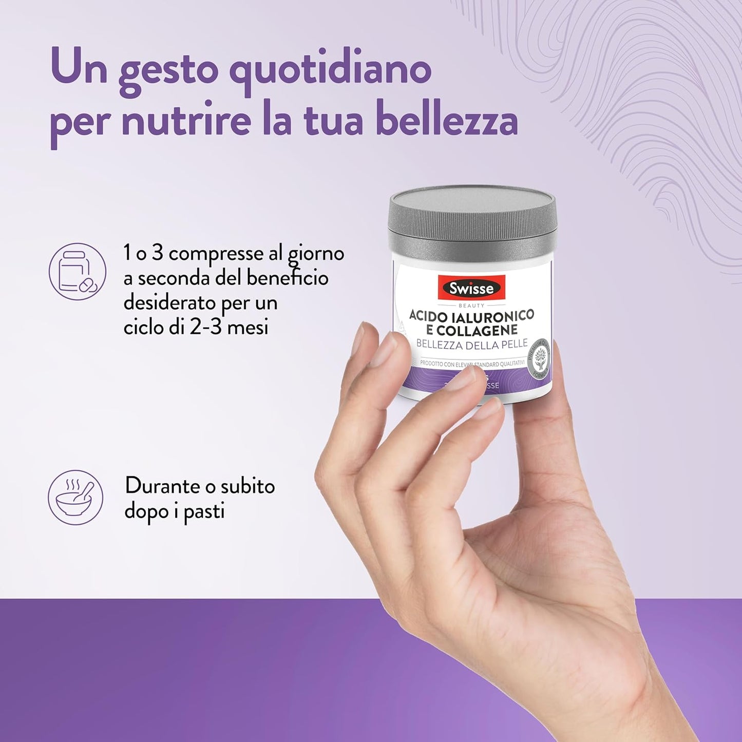 SWISSE Collagene e Acido Ialuronico - Collagene Integratore Donna Uomo con Vitamina C, E, Rame Protegge dallo Stress Ossidativo per Pelle Elastica, Integratori Attenua Rughe 30 Compresse Made in Italy