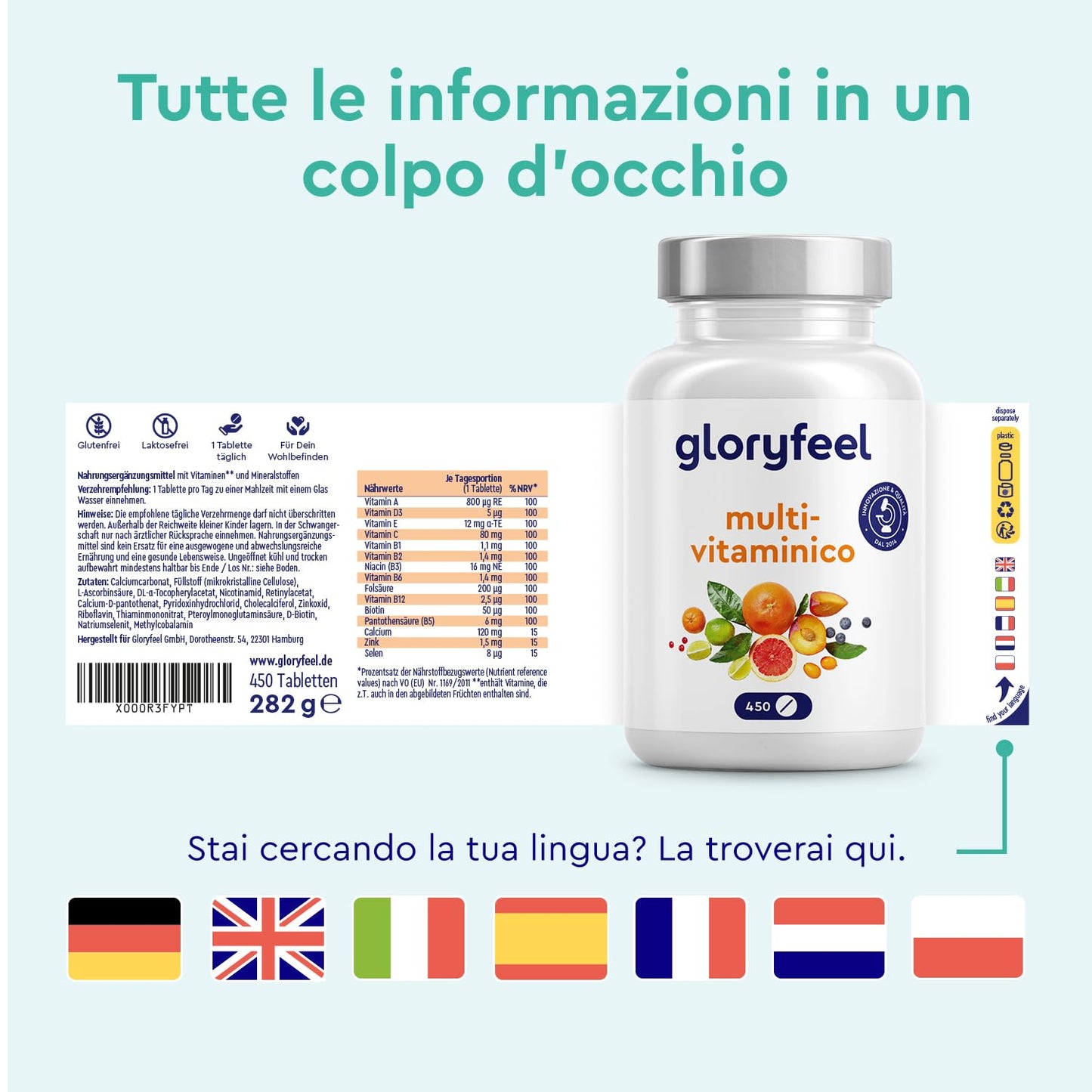 Multivitaminico Completo, Integratore Vitamine 450 Compresse Scorta per più di 1 Anno, Integratore Multivitaminico, Multivitamine e Minerali, con Vitamine A,B,C,D3,E, Calcio, Zinco, Selenio