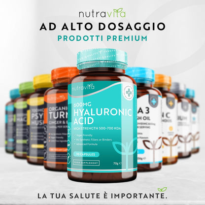 Acido Ialuronico in Capsule – da 600 mg - Alto Dosaggio 500-700KDA - Senza OGM, Riempitivi o Leganti Sintetici - Nutravita