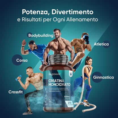 Creatina Monoidrata 3000mg, 270 Compresse di Creatina Vegana (Scorta 3 Mesi) Senza Magnesio Stearato, Creatina Monohydrate, Sport, Palestra, Pre Workout, Intra Workout, Post Workout, Uomini e Donne