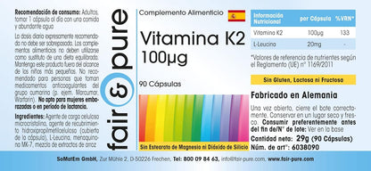 Fair & Pure® - Vitamina K2 100µg - Menaquinone MK7 Naturale - Da Natto - Vegan - 90 Capsule