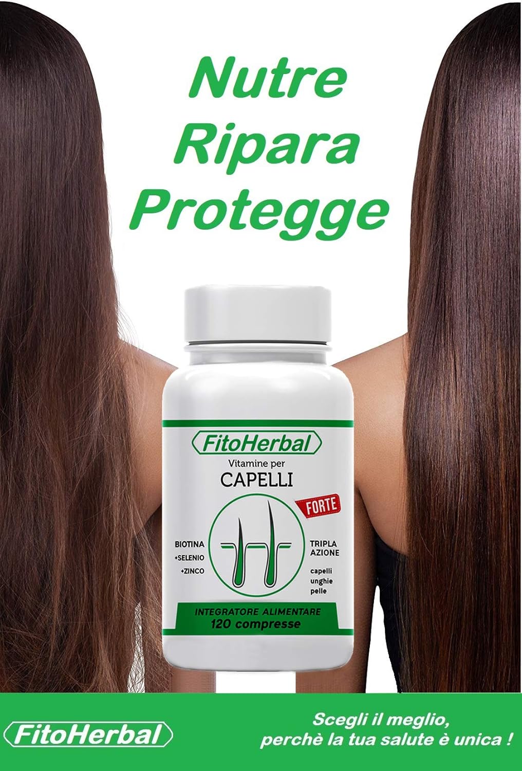 FitoHerbal Biotina + Zinco + Selenio 120 Compresse Integratore Tripla Azione Per Crescita Capelli, Migliora Aspetto Cutaneo Viso, Ridona Forza Resistenza alle Unghie. Qualità Made in Italy