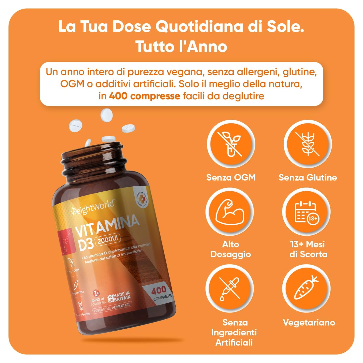 Vitamina D 2000UI (50mcg) per 1 Compressa, 13+ Mesi di Vitamina D3, 400 Compresse di Vitamina D 2000 UI (Colecalciferolo), Ossa, Denti, Muscoli, Sistema Immunitario, Integratore Vitamina D (Vit D)