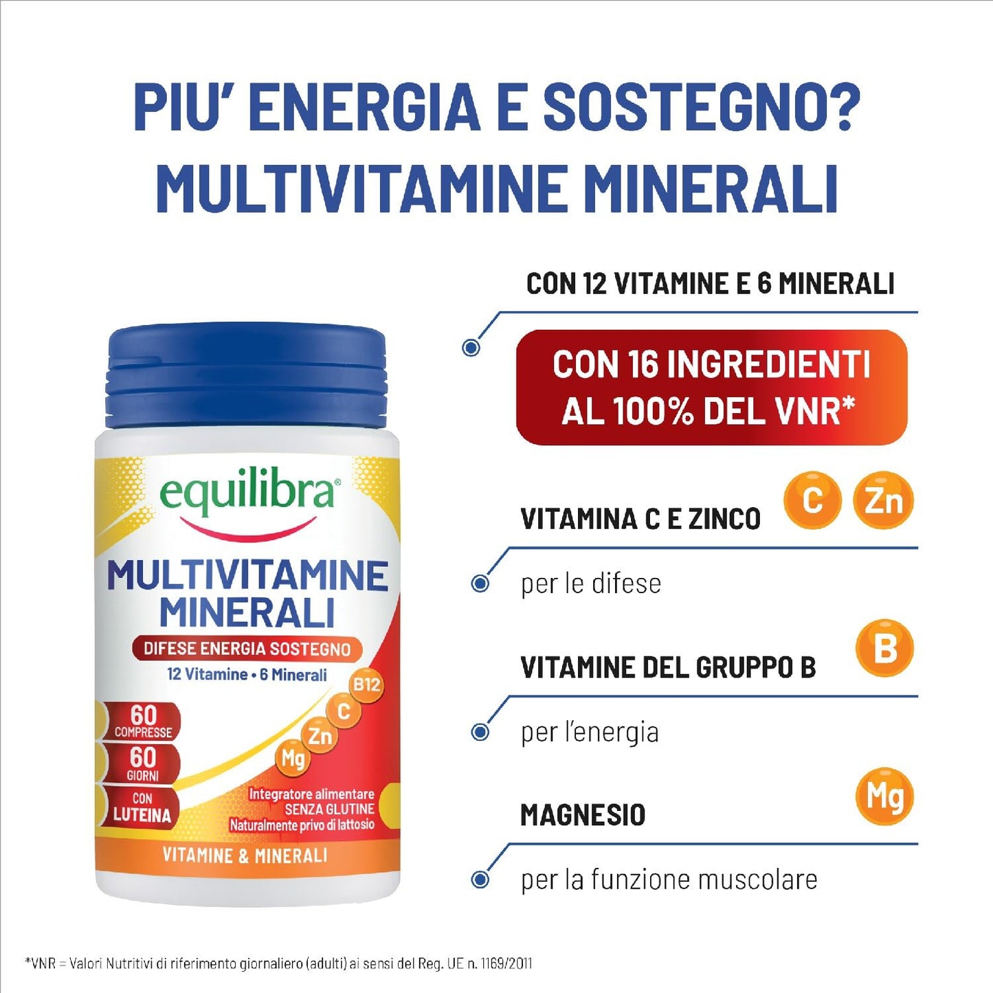 equilibra Integratori Alimentari, Multivitamine e Minerali, a base di 12 Vitamine e 6 Minerali con Luteina, Indicato per Diete Povere di Minerali e Vitamine o Aumentato Fabbisogno, 60 Compresse