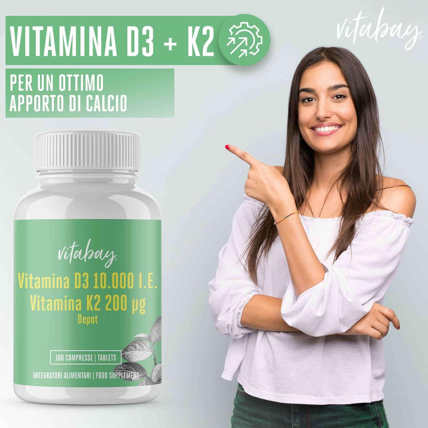 Vitabay Vitamina D3 10000 UI e Vitamina K2 200 mcg 180 compresse vegane - Rilascio prolungato e alto dosaggio - Vitamina K e Vitamina D3 Vegan All-Trans 99,99% - Vitamina D3 K2 Vitamina D Integratori