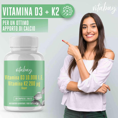 Vitabay Vitamina D3 10000 UI e Vitamina K2 200 mcg 180 compresse vegane - Rilascio prolungato e alto dosaggio - Vitamina K e Vitamina D3 Vegan All-Trans 99,99% - Vitamina D3 K2 Vitamina D Integratori