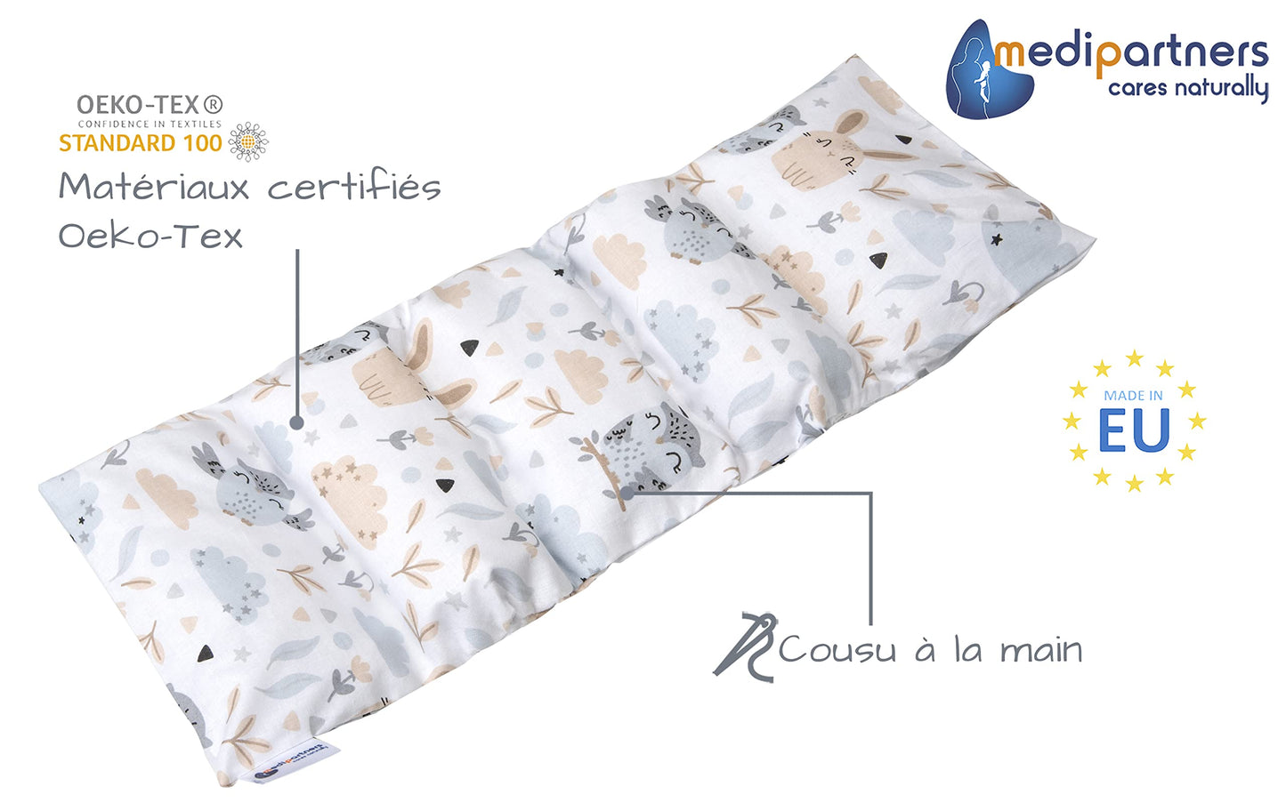 Medi Partners Cuscino Termico noccioli ciliegio 60x20cm 800g 100% Cotone 5 Camere Grande Terapia del freddo Federa sfoderabile (Stelle)