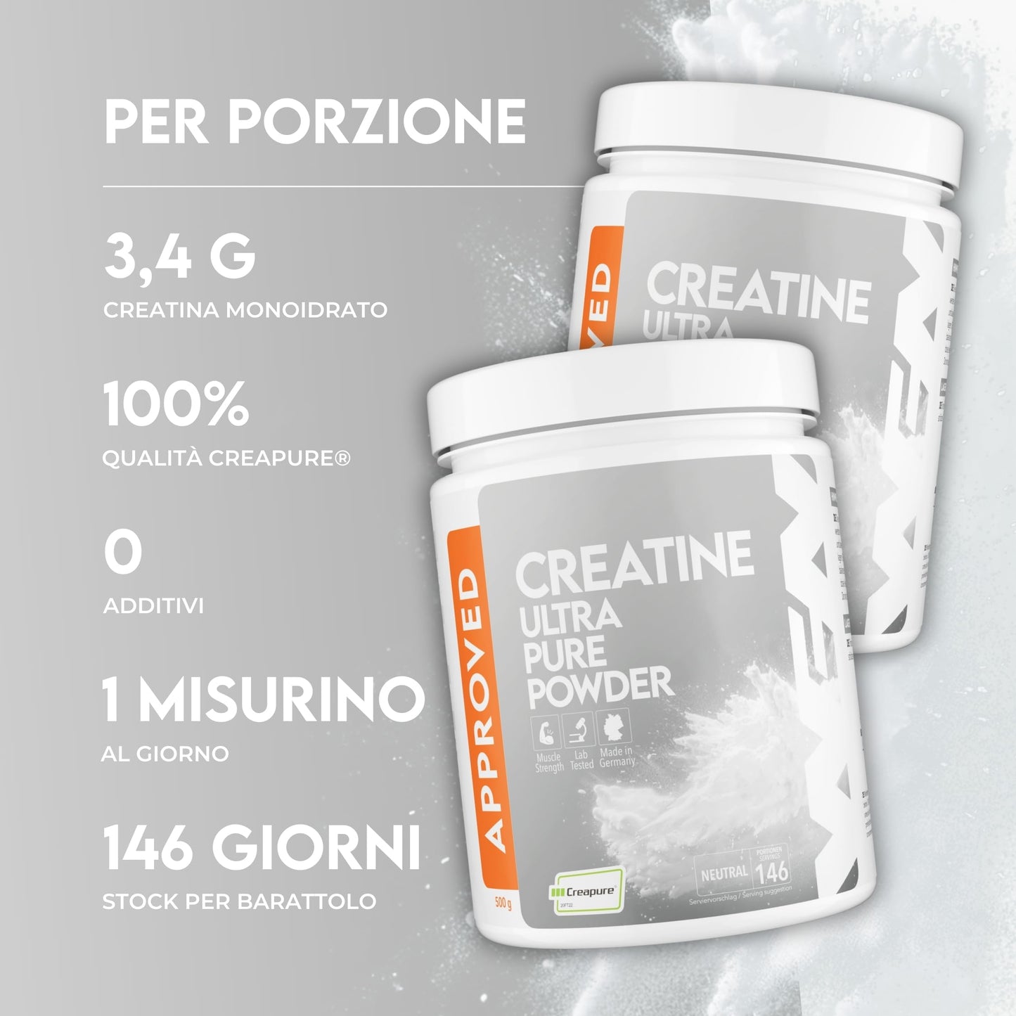 WFN Approved Creatine - Creapure - Neutro - 500 g - Creatina monoidrato - Polvere - Vegano - 146 porzioni - Prodotto in Germania - Testato in laboratorio esterno