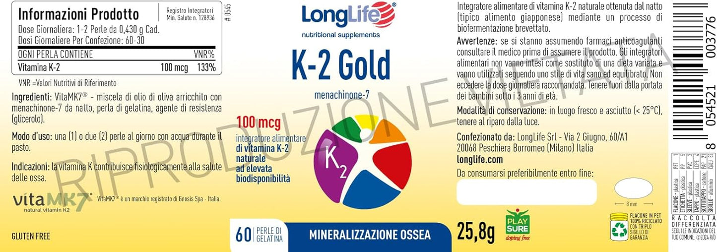 LongLife® K-2 Gold | Con menachinone da natto | VitaMK7 | Vitamina K2 in olio EVO ad alta biodisponibilità | Salute delle ossa e vascolare | Senza glutine e Halal