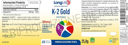 LongLife® K-2 Gold | Con menachinone da natto | VitaMK7 | Vitamina K2 in olio EVO ad alta biodisponibilità | Salute delle ossa e vascolare | Senza glutine e Halal