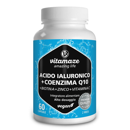 Acido Ialuronico ad Alto Dosaggio Puro + Coenzima Q10, Capsule Vegan per un Trattamento di 2 Mesi, Micromolecule 500-700 kDa, Qualità Tedesca, Integratore Alimentare senza Additivi