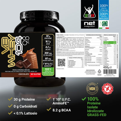 NET Integratori VB WHEY 104 9.8 Optipep - 450g Cioccolato - Proteine Isolate Idrolizzate per via Enzimatica Con EAA e BCAA - Massimizza Sintesi Proteica, Crescita e Mantenimento Muscolare