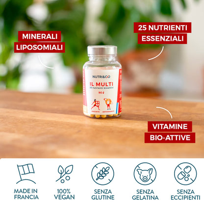 NUTRI & CO Multivitaminico Multiminerale - 25 Vitamine e Minerali con Vitamina A B C D3 E K2, Zinco, Magnesio, Coenzima Q10 - Integratore Multivitaminico Completo per Uomo e Donna - 90 Capsule