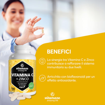 Vitamina C 1000mg (1 Anno) + Zinco + Bioflavonoidi, 360 Compresse, 1 Compresse per Giorno, Vegan Vitamina C Pura Dose Forte, Qualità Tedesca, Integratore Alimentare senza Additivi. Vitamaze®