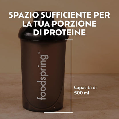 foodspring - Shaker proteine 500ml BPA-free - Borraccia shaker bevande proteiche con tappo a vite, setaccio e scala misurazione - Bottiglia shaker fitness e palestra lavabile in lavastoviglie - nero