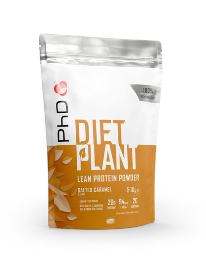 PhD Nutrition Diet Plant Proteine in polvere vegane 500g Caramello Salato, High Protein Powder con 20g di proteine per porzione, Con CLA e carnitina