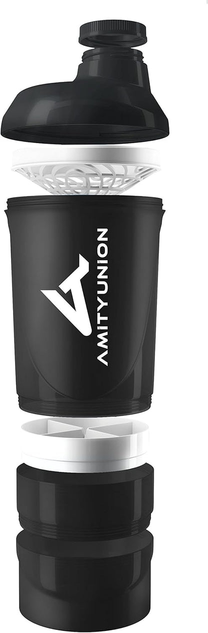 AMITYUNION Shaker per proteine - L'ORIGINALE Senza BPA con setaccio, scala per frullati di siero di latte cremosi, tazze Gym Deluxe per isolati e concentrati sportivi, (Coppa nera)