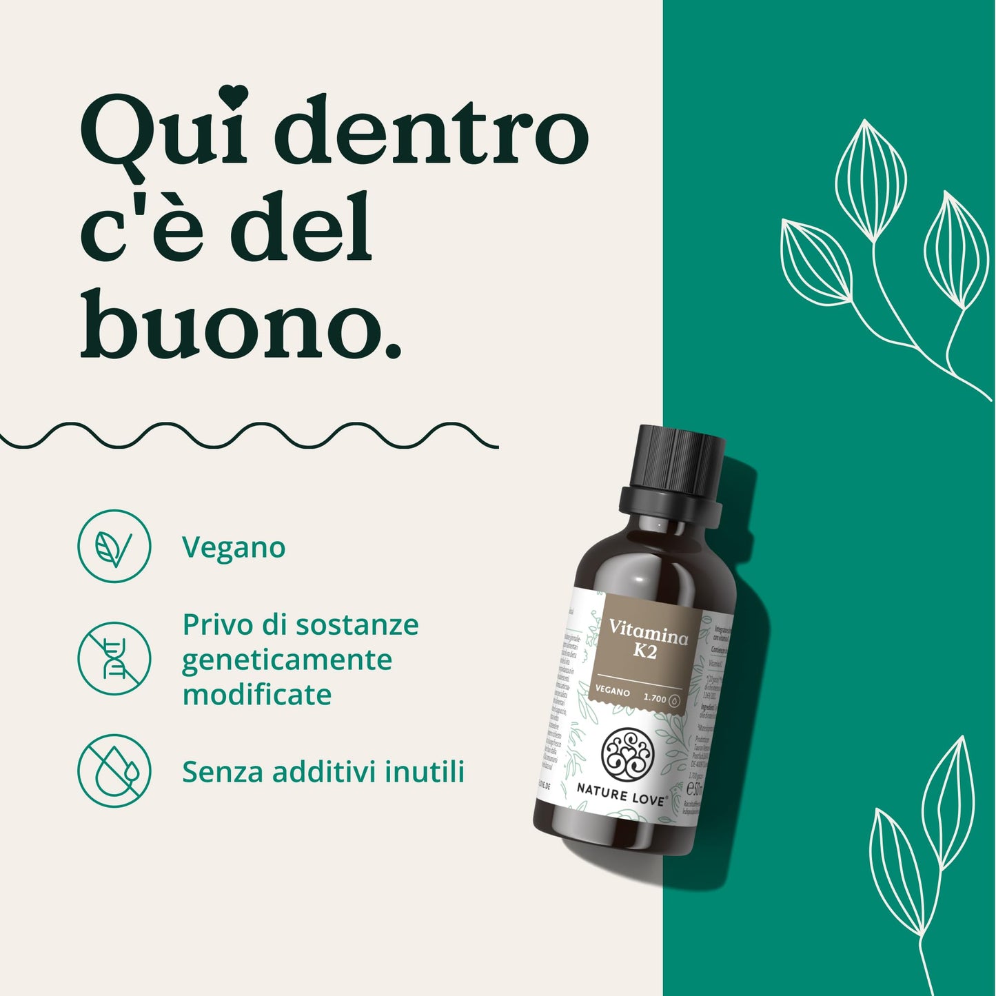 NATURE LOVE® Vitamina K2 MK7-200µg - 1700 gocce (50ml) - Max contenuto all-trans 99,7+% - Alta qualità: K2VITAL® di Kappa - sciolta in olio MCT da cocco - Alto dosaggio, vegana e prodotta in Germania