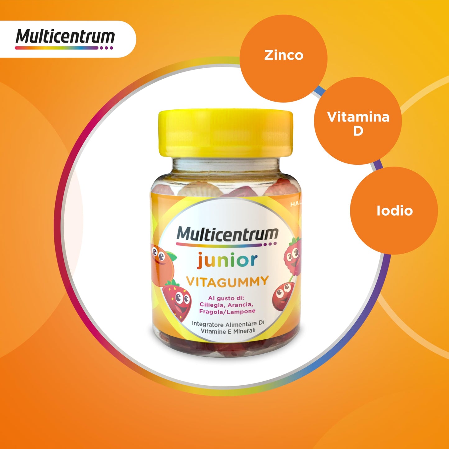 MULTICENTRUM Vitagummy Integratore Alimentare di Vitamine e Minerali Formulato per Bambini 3+, con Vitamina D e Iodio, Gusto Frutta Mista, 30 Caramelle Gommose da Consumare Dove e Quando Vuoi