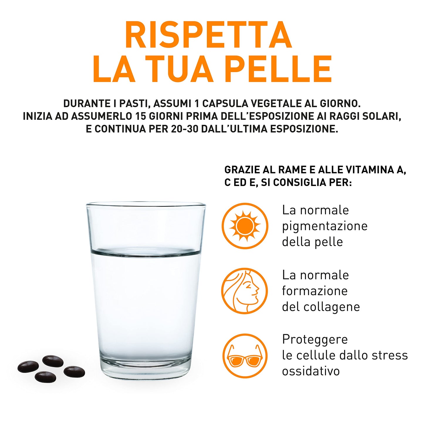 Equilibra Integratori Alimentari, Bronze Control, Integratore Vitamina A, Vitamina C, Vitamina E e Rame, con Estratto di Melone Brevettato, per l'Esposizione Solare, Senza Glutine, 30 Capsule Vegetali